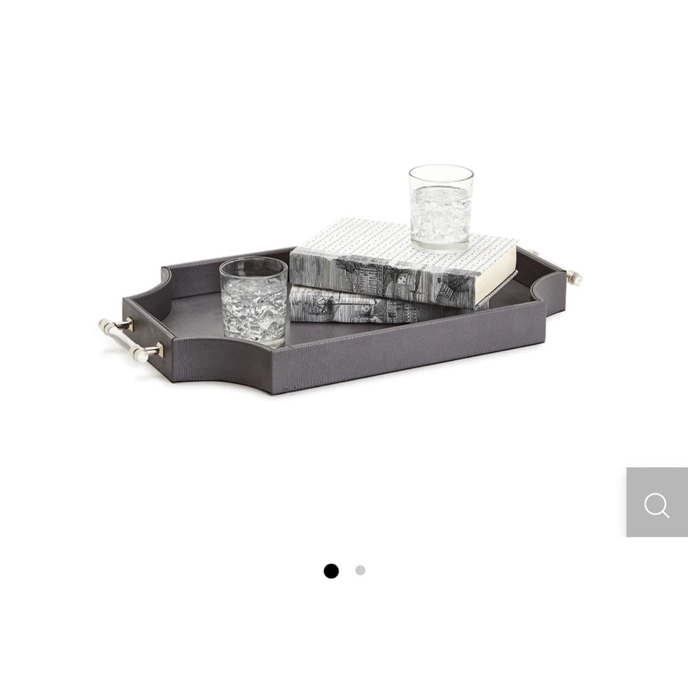 Vegan leather tray with scalloped edge and acrylic handles. Brand new.